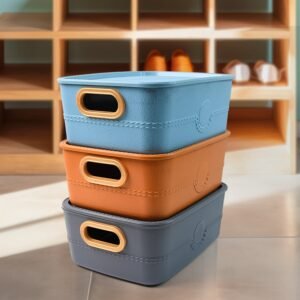 Plastic Storage Basket Set of 3 with Handles – Stackable Multipurpose Organizers