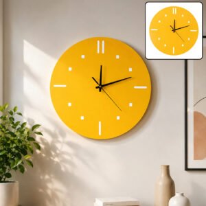 Yellow Minimalist Wooden Wall Clock – Silent Non-Ticking Decorative Clock