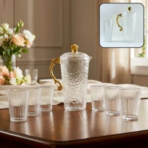 Textured Glass Water Jug Set – 1 Jug with Lid & 6 Matching Glasses