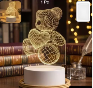 3D Teddy LED Lamp – Acrylic Illusion Night Light with Heart