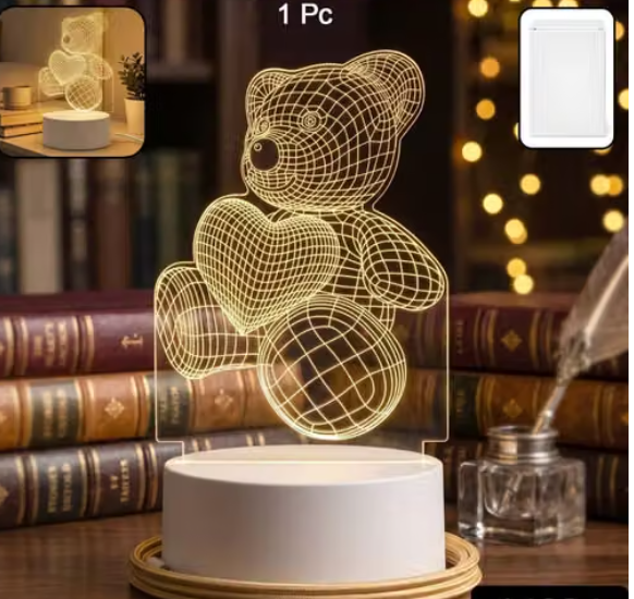 3D Teddy LED Lamp – Acrylic Illusion Night Light with Heart