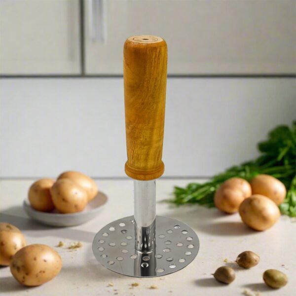 Stainless Steel Potato Masher – Wooden Handle, Rust-Resistant Pav Bhaji Masher