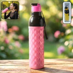 1000ML Leakproof Water Bottle – Diamond Pattern with Carry Strap