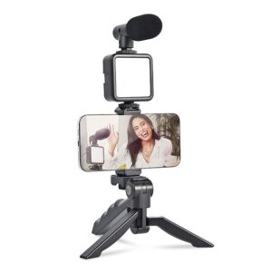 Vlogging Kit – Mini Tripod, Noise Reduction Mic & LED Light for Video Making