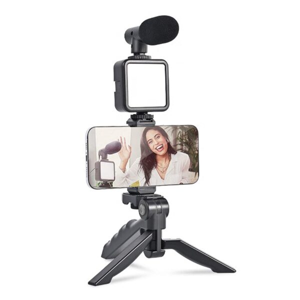 Vlogging Kit – Mini Tripod, Noise Reduction Mic & LED Light for Video Making