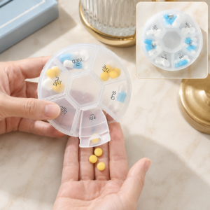 7-Sided Portable Pill Box – Compact Weekly Medicine Organizer with Braille Labels