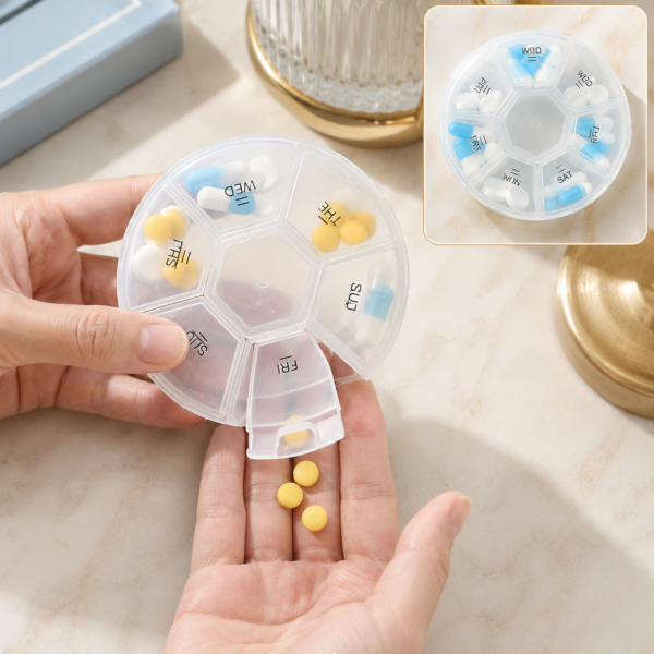 7-Sided Portable Pill Box – Compact Weekly Medicine Organizer with Braille Labels