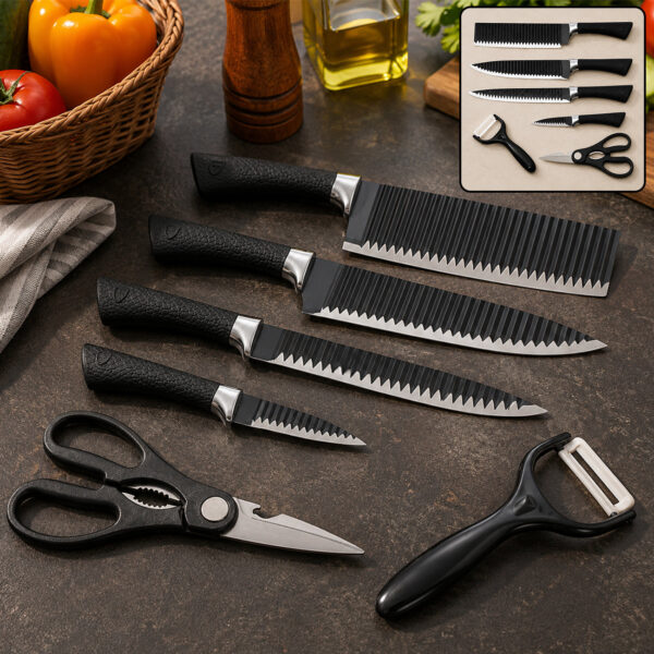 Stainless Steel Knife Set 6-Pc – Non-Stick Chef Knives with Peeler & Scissors