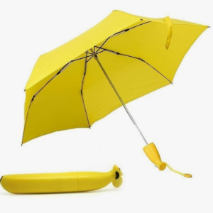 Banana-shape foldable mini umbrella with UV protection.