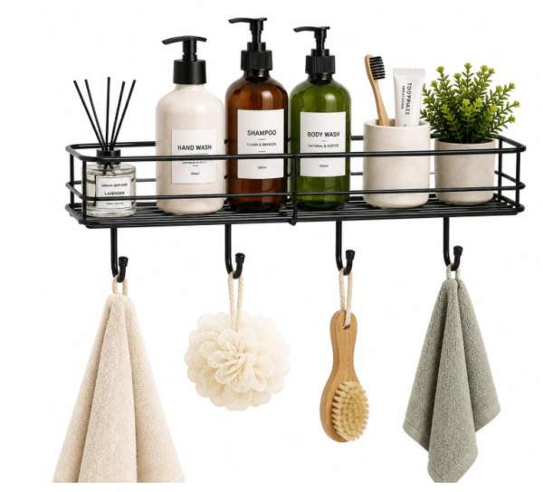 No-Drill Wall Organizer – GI Steel Shelf with Hooks, Rustproof Black Finish